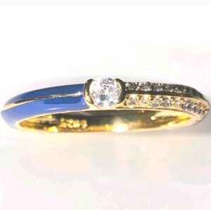 Womens 925 Sterling silver Pave Blue/Golden Dual Cubic Zirconia Dainty Ring Sz8